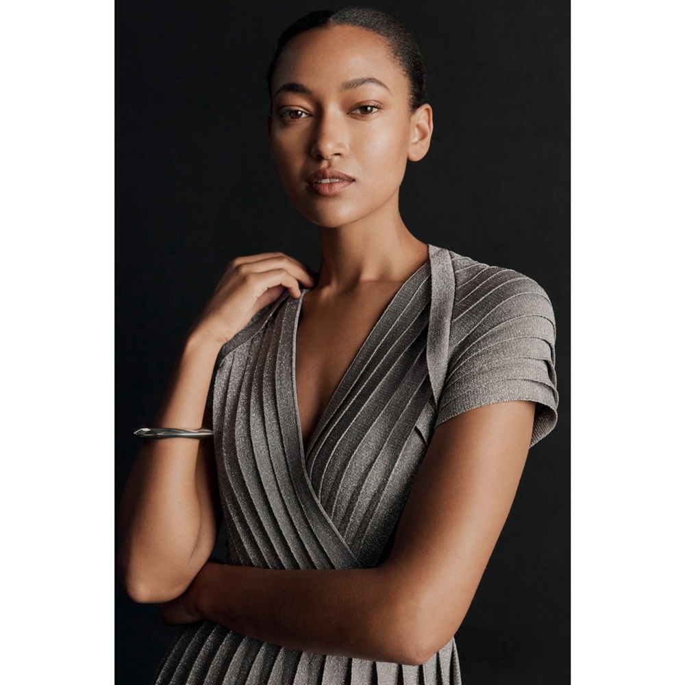 Metallic Silver Pleated V-Neck Midi Dress